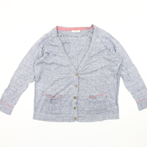White Stuff Women's Blue V-Neck Cardigan UK 14 Linen Cotton