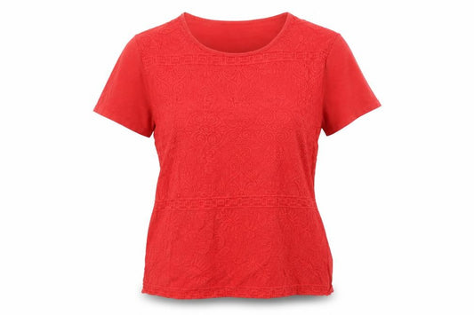 Front view of Isle Essentials Women’s Red Embroidered Cotton T-Shirt, size UK 18