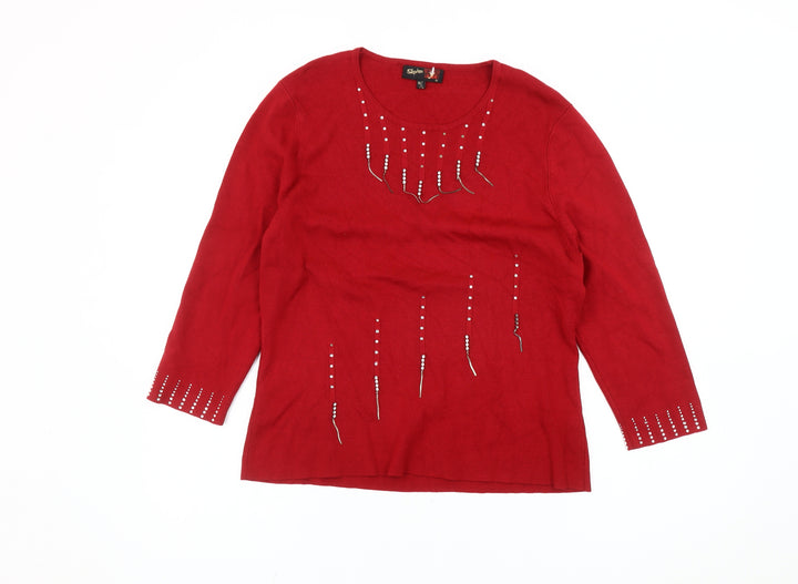 Stephen Women Red M Pullover Round Neck Beaded Knit Jumper