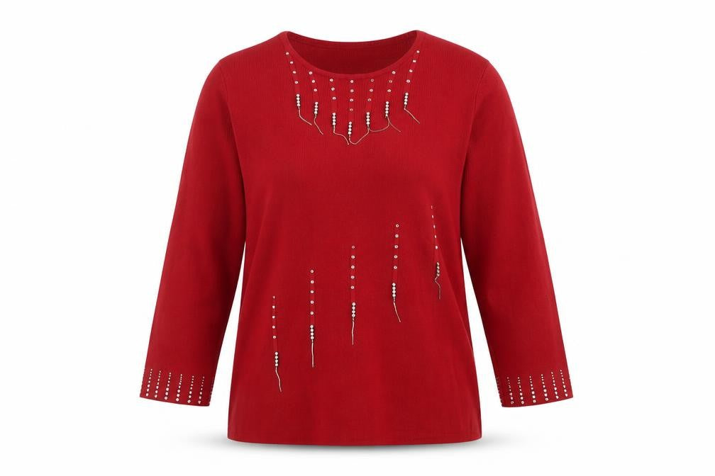Front view of Stephen Women Red M Pullover Round Neck Beaded Knit Jumper