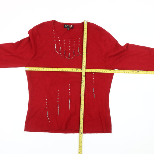 Stephen Women Red M Pullover Round Neck Beaded Knit Jumper