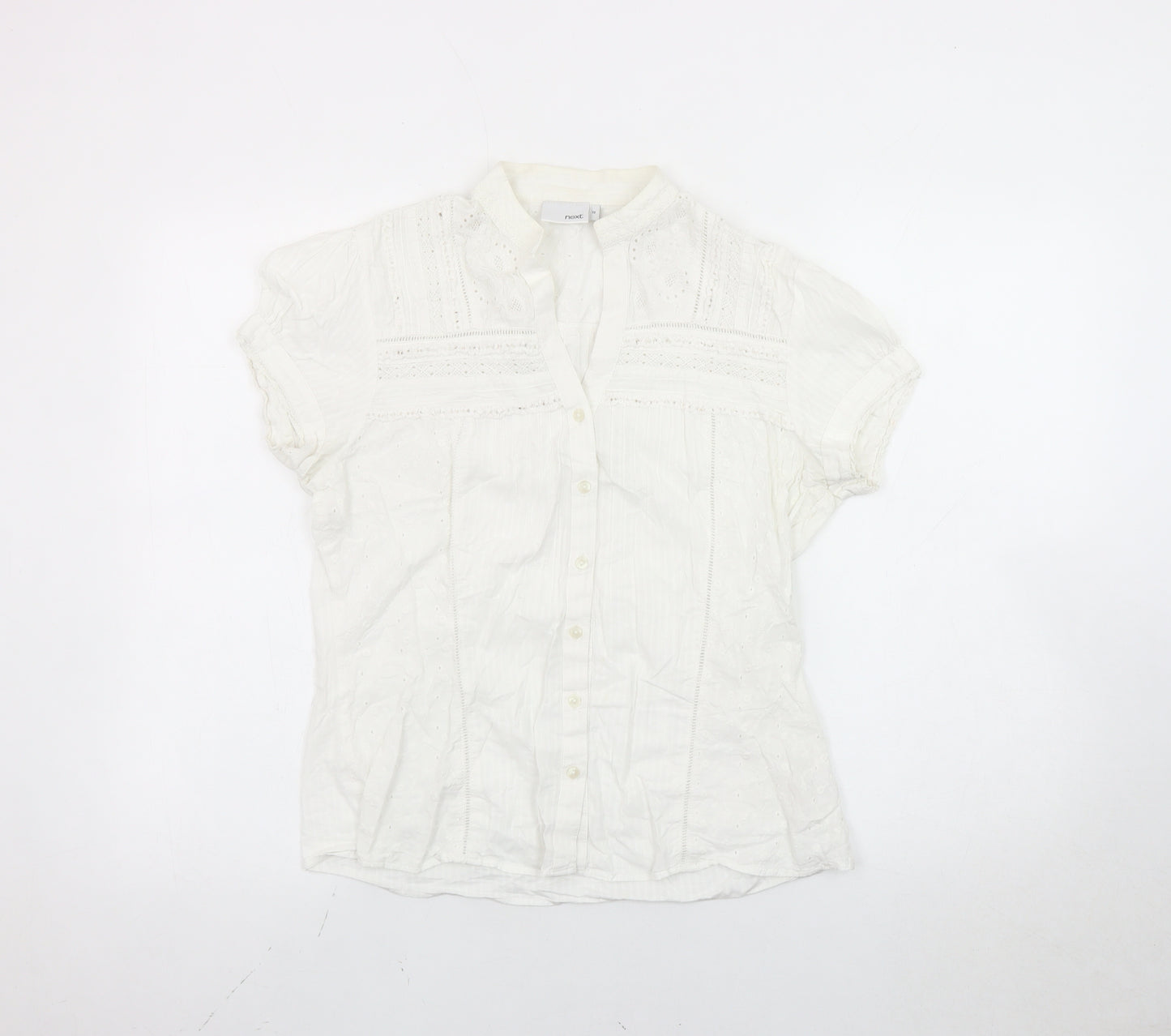 Next Women White Cotton Button-Up Blouse Size 12 Embroidered