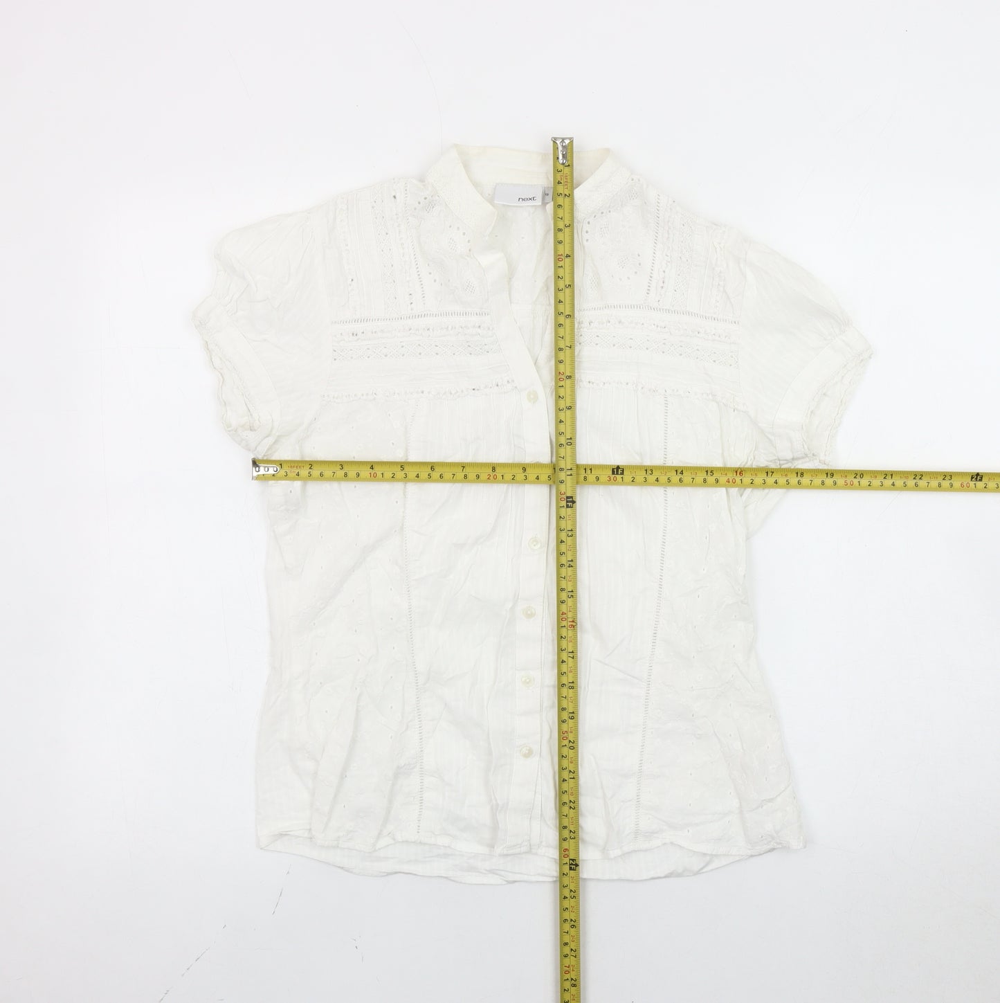 Next Women White Cotton Button-Up Blouse Size 12 Embroidered