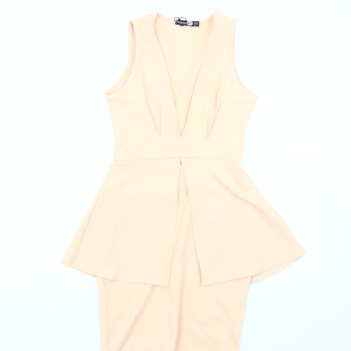 Boohoo Women’s Beige Peplum Sleeveless Knee Length Dress Size 8