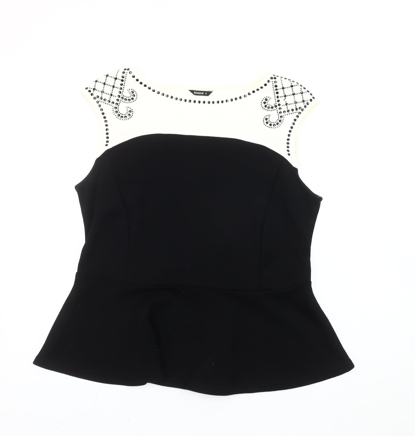 Roman Womens Black Size 18 Sleeveless Peplum Beaded Blouse