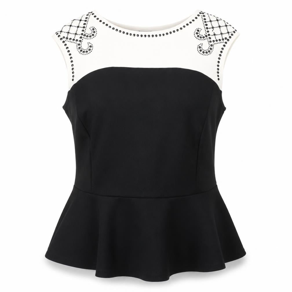 Front view of Roman women’s black, size UK 18, sleeveless peplum beaded blouse