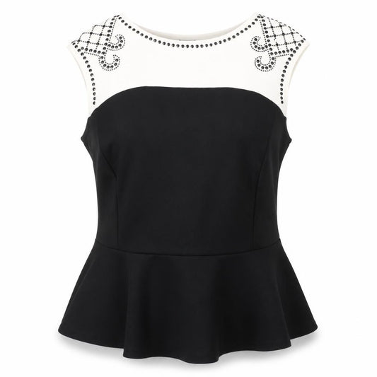 Front view of Roman women’s black, size UK 18, sleeveless peplum beaded blouse