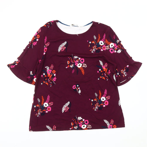 Boden Women’s Purple Floral Jersey Blouse UK 14 Short Flutter Sleeve