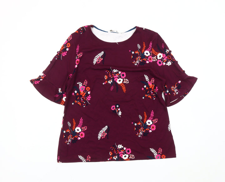 Boden Women’s Purple Floral Jersey Blouse UK 14 Short Flutter Sleeve