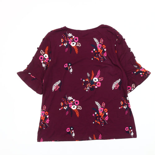 Boden Women’s Purple Floral Jersey Blouse UK 14 Short Flutter Sleeve