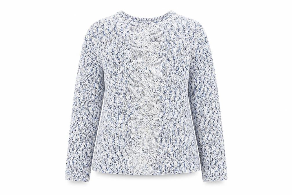 Front view of Country Casuals women’s multicoloured cable-knit jumper, size S, crew neck