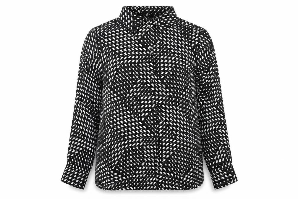 Front view of Next Women’s Black Geometric Collared Long Sleeve Blouse, size UK 16