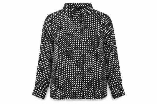 Front view of Next Women’s Black Geometric Collared Long Sleeve Blouse, size UK 16