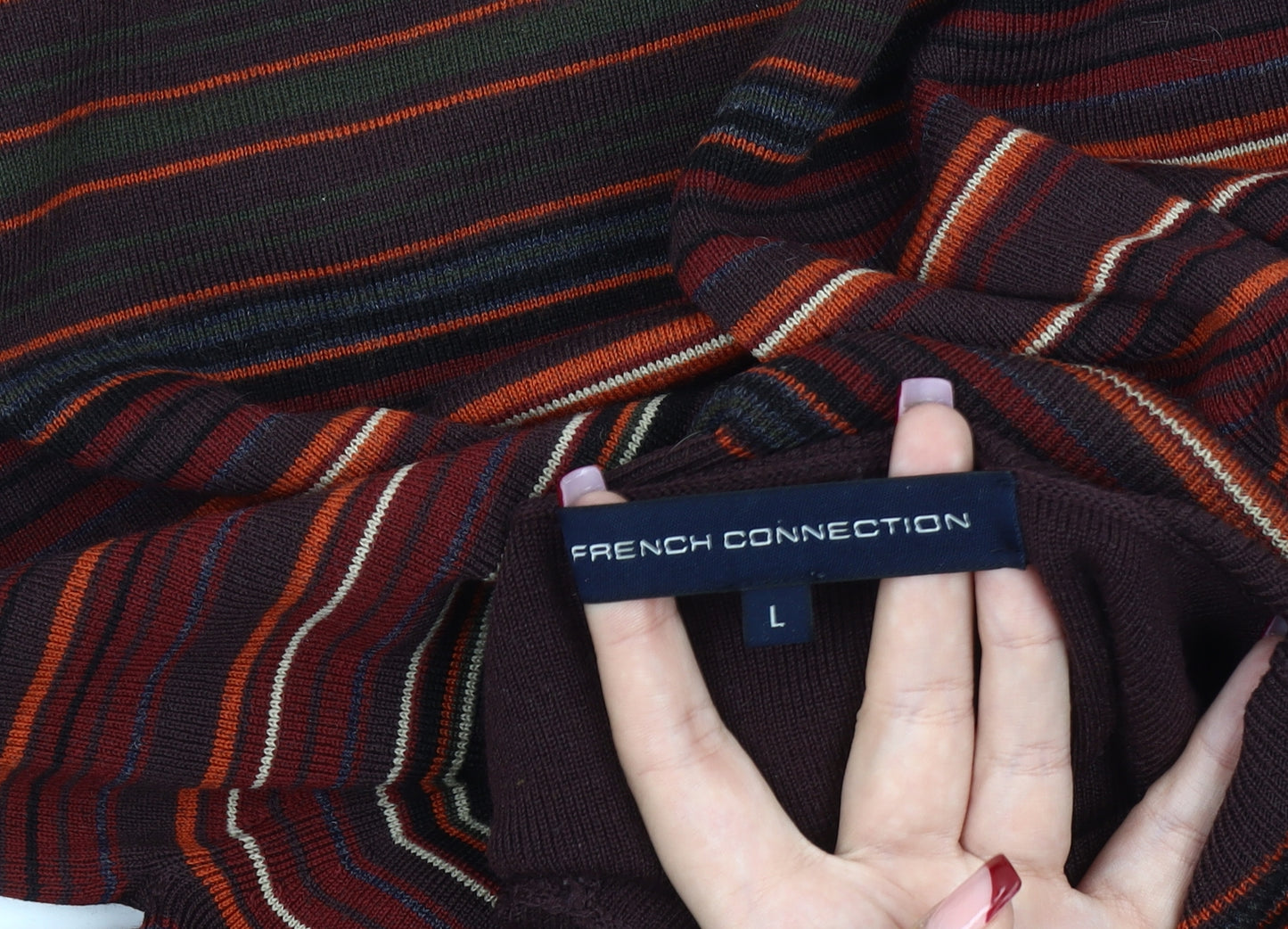 French Connection Men's Multicoloured Striped Roll Neck Jumper L