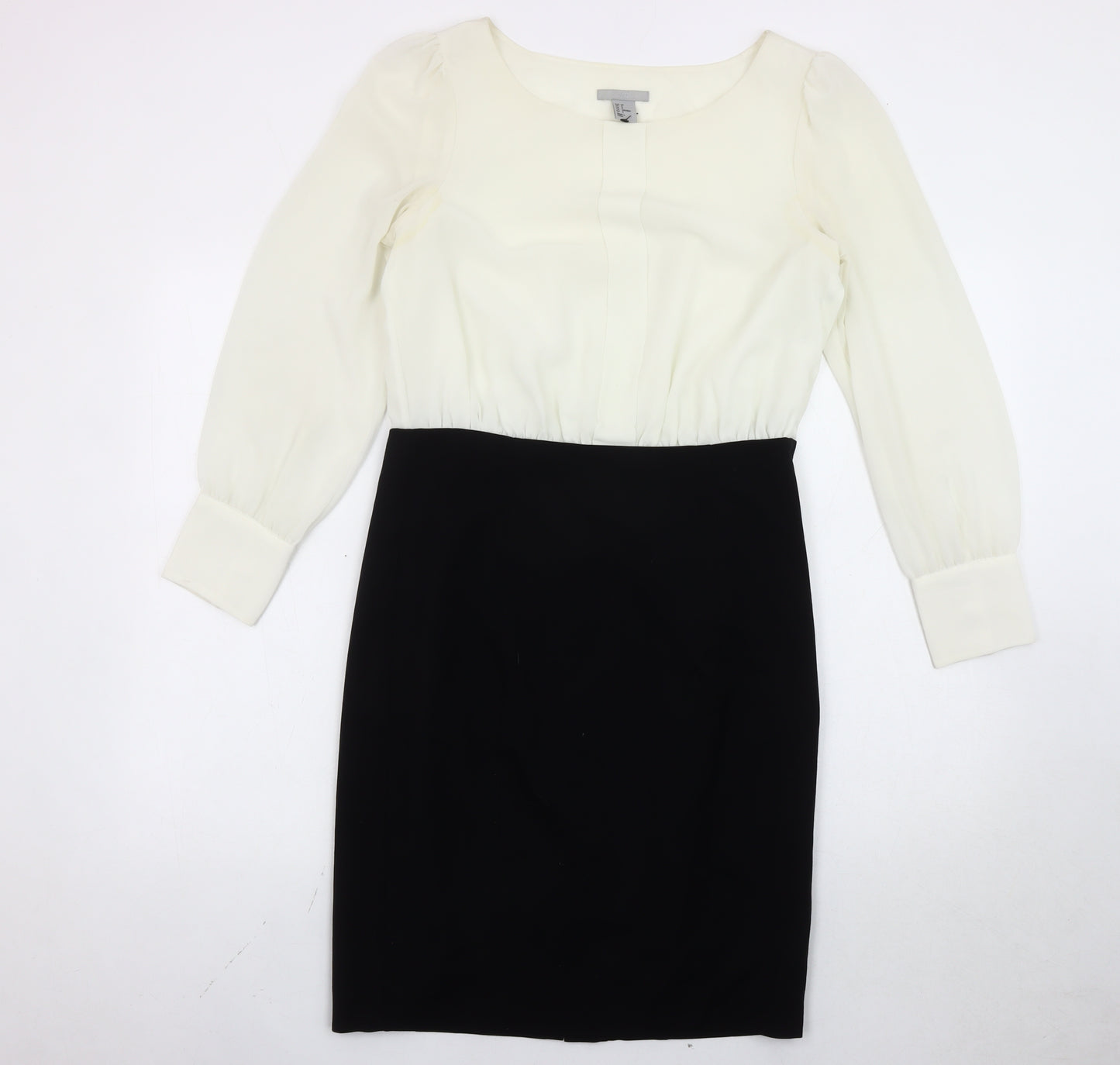 H&M Women’s Black White Sheath Dress Size 10 Knee Length Long Sleeve