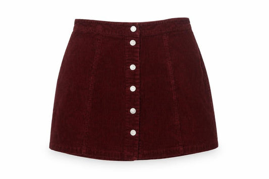 Front view of 915 Generation Teens Red Corduroy Button Skirt, size 14, High Rise