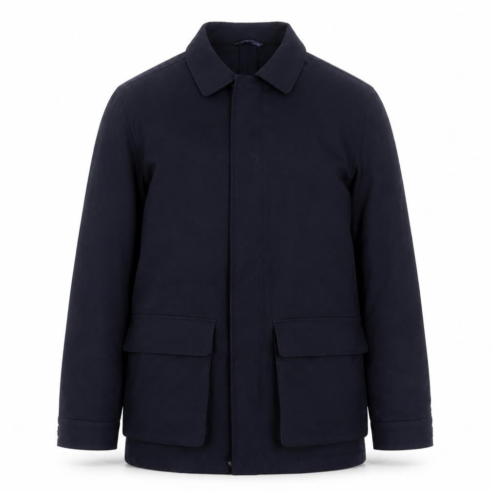 Front view of Sarto Men's Blue Mid-Length Felt Jacket, size M, Regular Fit