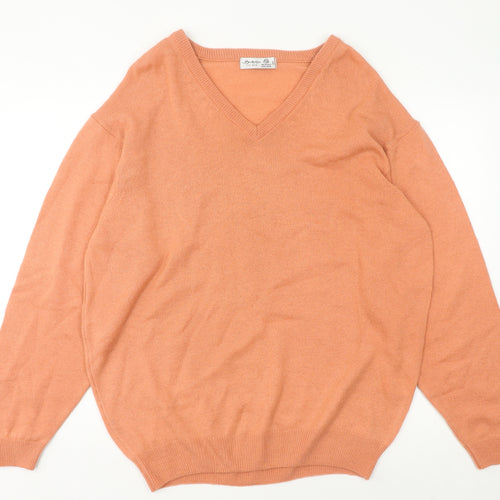 Berkertex Men’s Orange Lambswool V-Neck Jumper L Tight-Knit Vintage