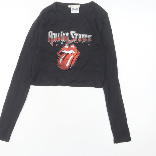 Pull & Bear Women’s Black Rolling Stones Cropped Long Sleeve T-Shirt Size S