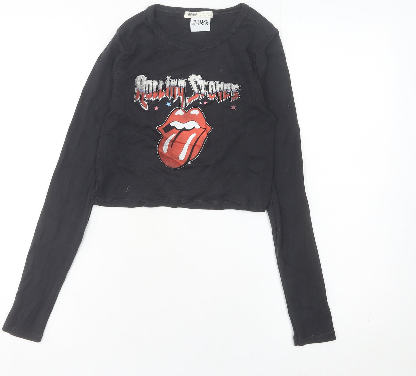 Pull & Bear Women’s Black Rolling Stones Cropped Long Sleeve T-Shirt Size S