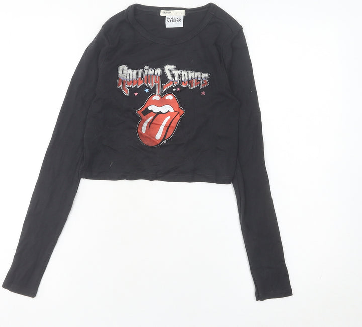 Pull & Bear Women’s Black Rolling Stones Cropped Long Sleeve T-Shirt Size S
