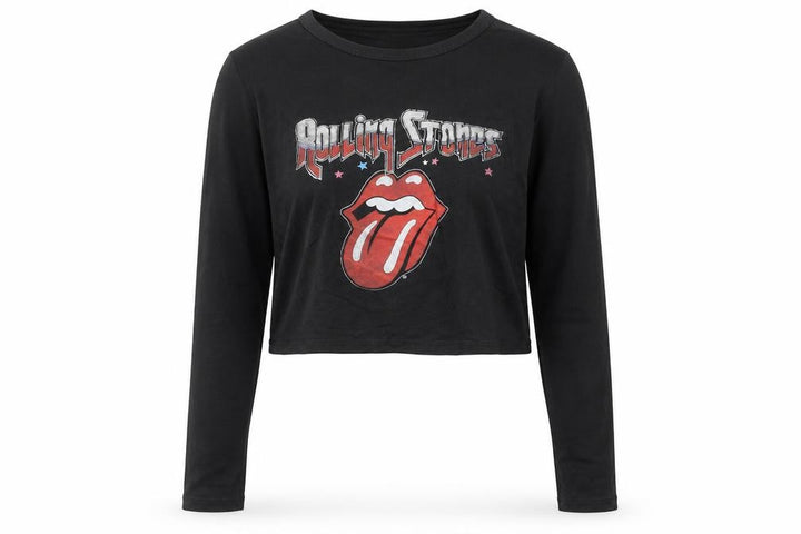 Pull&Bear Women’s Black Rolling Stones Cropped Long Sleeve T-Shirt Size S