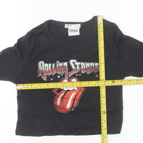 Pull & Bear Women’s Black Rolling Stones Cropped Long Sleeve T-Shirt Size S