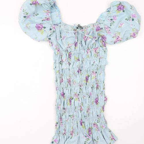 Missguided Women’s Blue Floral Puff Sleeve Bodycon Dress UK 12