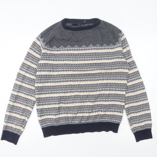 Broken Standard Men's Blue Fair Isle Cotton Crew Neck Jumper L