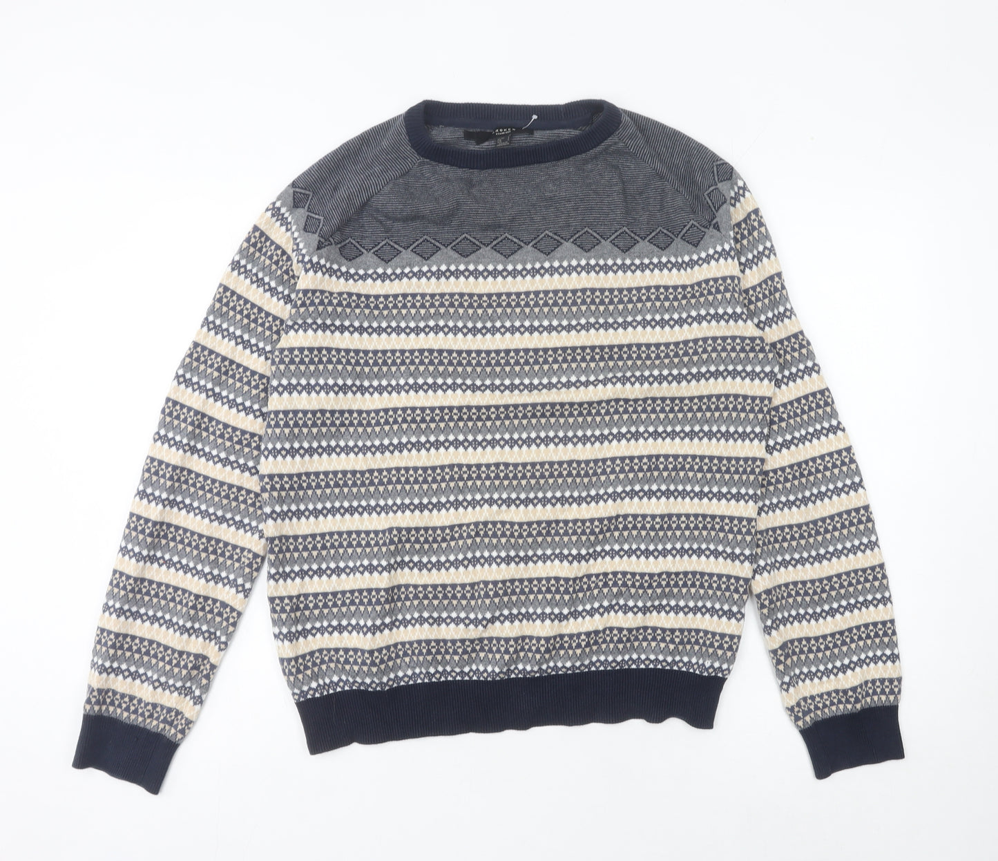 Broken Standard Men's Blue Fair Isle Cotton Crew Neck Jumper L