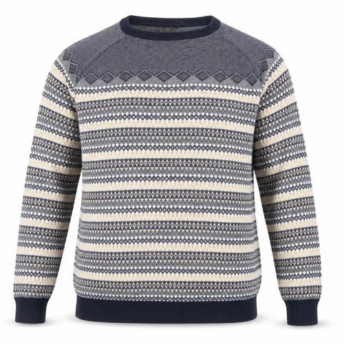 Broken Standard Men's Blue Fair Isle Cotton Crew Neck Jumper L