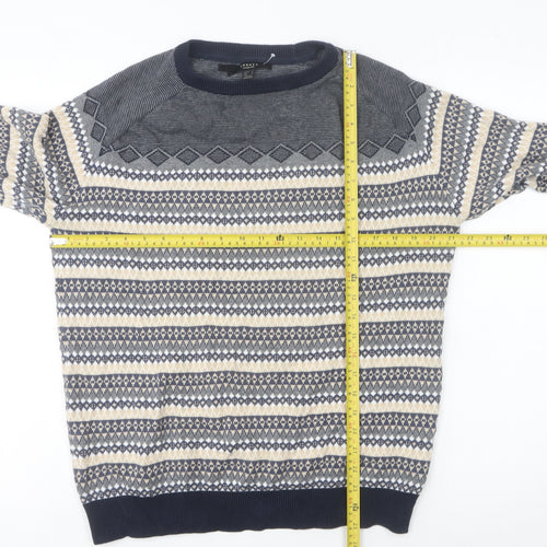 Broken Standard Men's Blue Fair Isle Cotton Crew Neck Jumper L