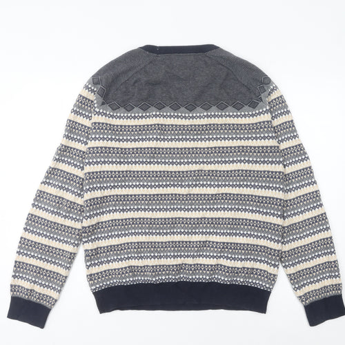 Broken Standard Men's Blue Fair Isle Cotton Crew Neck Jumper L