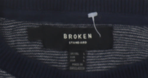 Broken Standard Men's Blue Fair Isle Cotton Crew Neck Jumper L