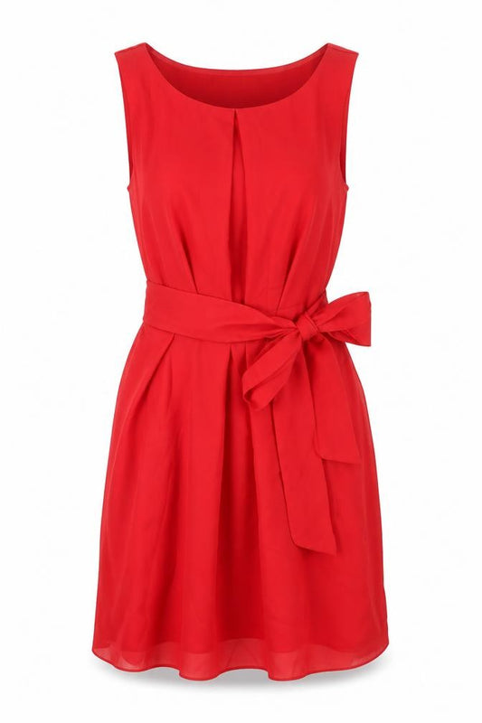 Front view of ASOS Women Red, size 8, Sheath Knee Length Belted Sleeveless Dress