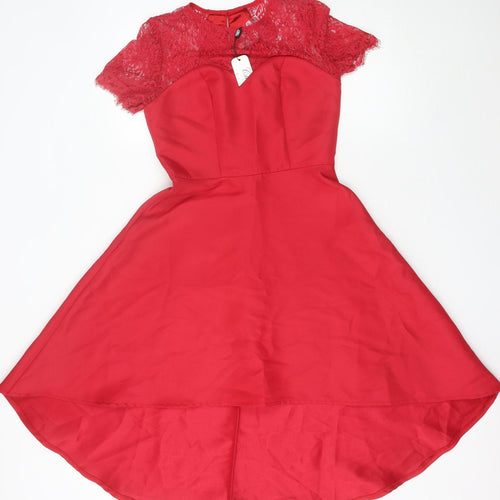 Chi Chi London Petite Women's Red Hi-Low Lace A-Line Dress UK 6