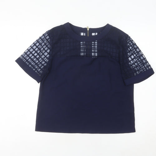 Warehouse Women Blue Size 12 Lace Detail Short Sleeve Blouse