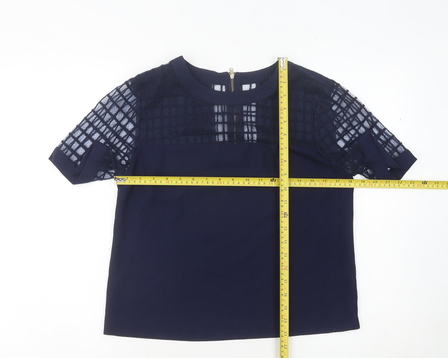 Warehouse Women Blue Size 12 Lace Detail Short Sleeve Blouse