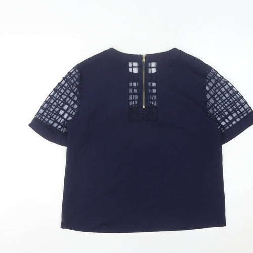 Warehouse Women Blue Size 12 Lace Detail Short Sleeve Blouse