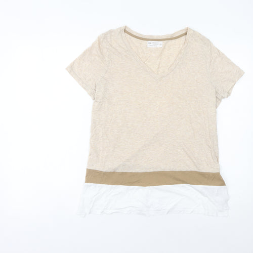 Next Women’s Beige Colourblock V-Neck Short Sleeve T-Shirt Size 14