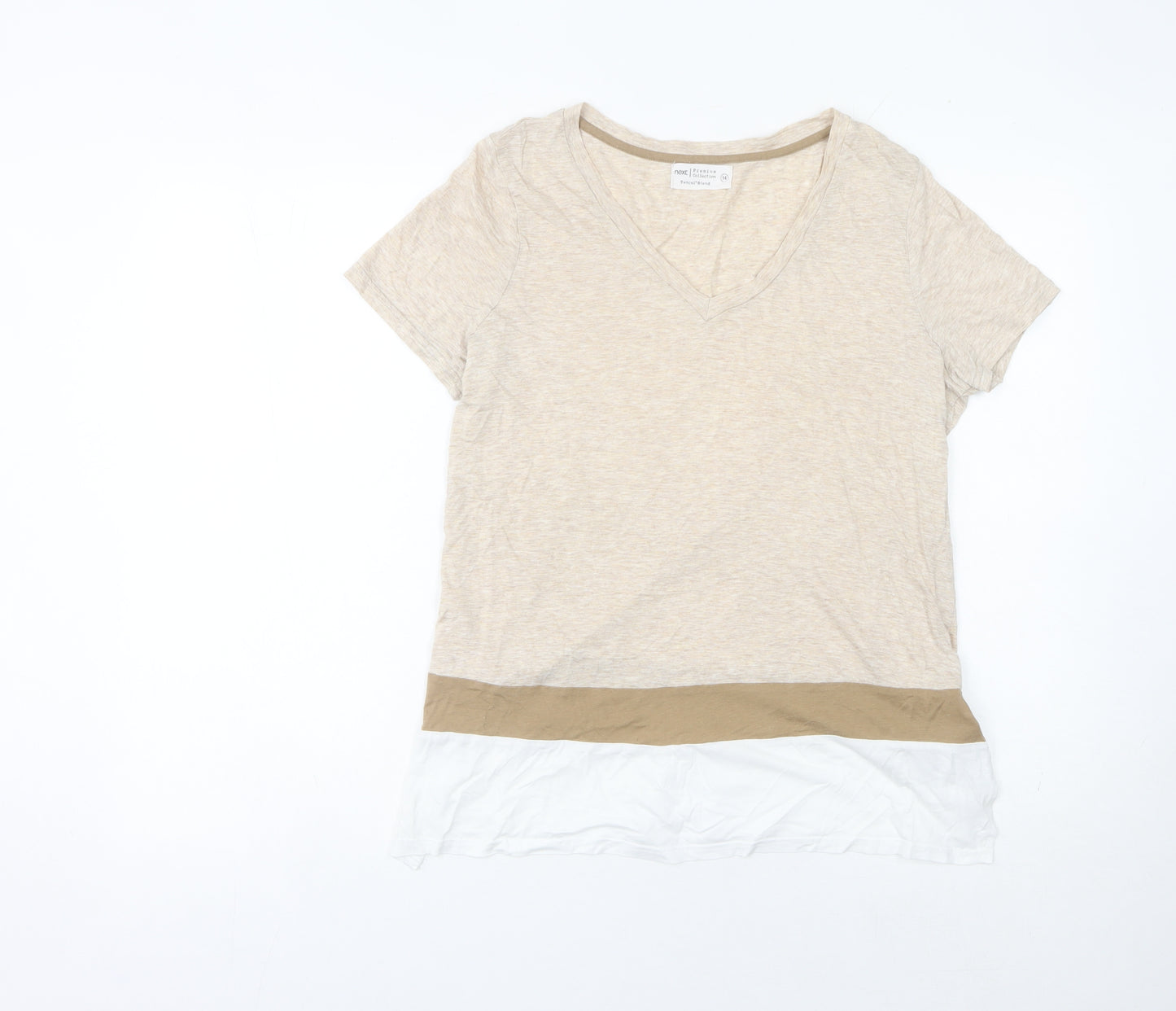 Next Women’s Beige Colourblock V-Neck Short Sleeve T-Shirt Size 14
