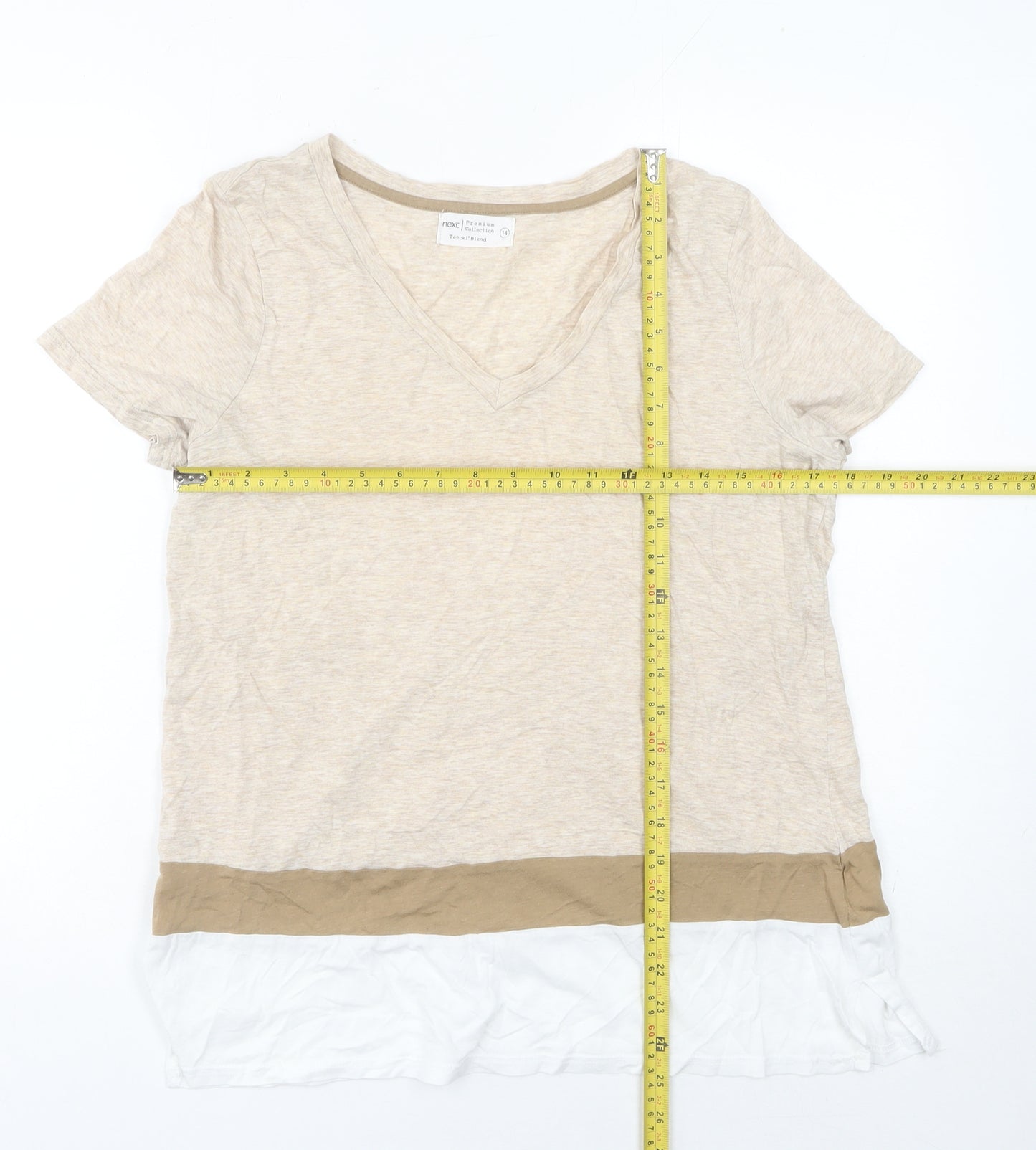 Next Women’s Beige Colourblock V-Neck Short Sleeve T-Shirt Size 14