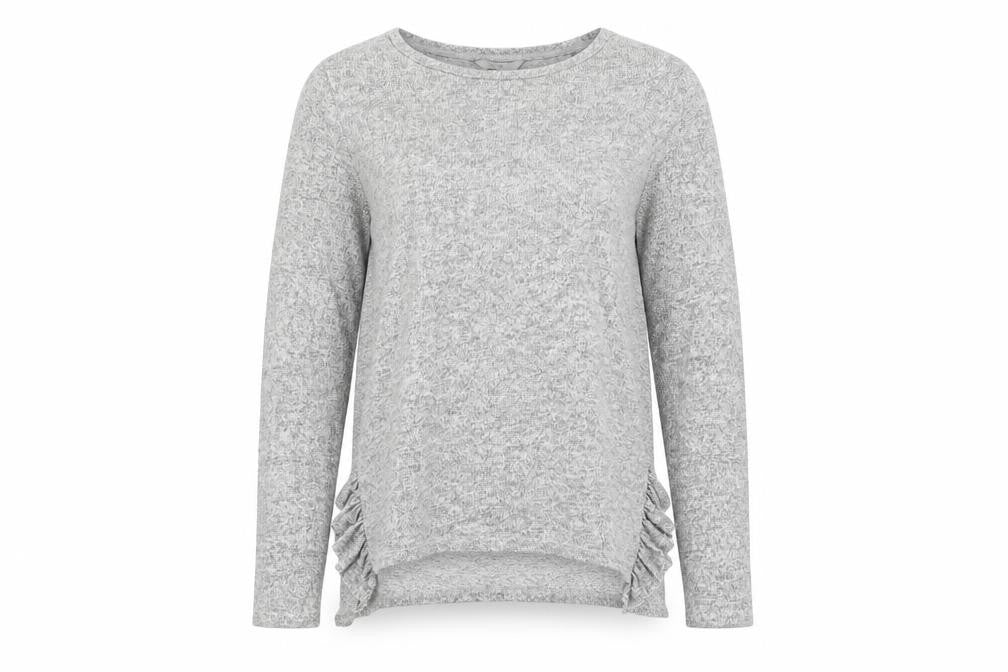 Front view of Next Women’s Grey Crew Neck Ruffle Side jumper, size UK 8