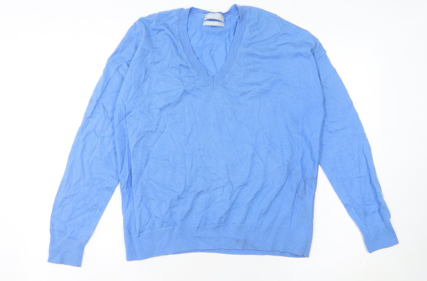 Marks and Spencer Women's Blue S V-Neck Merino Wool Jumper