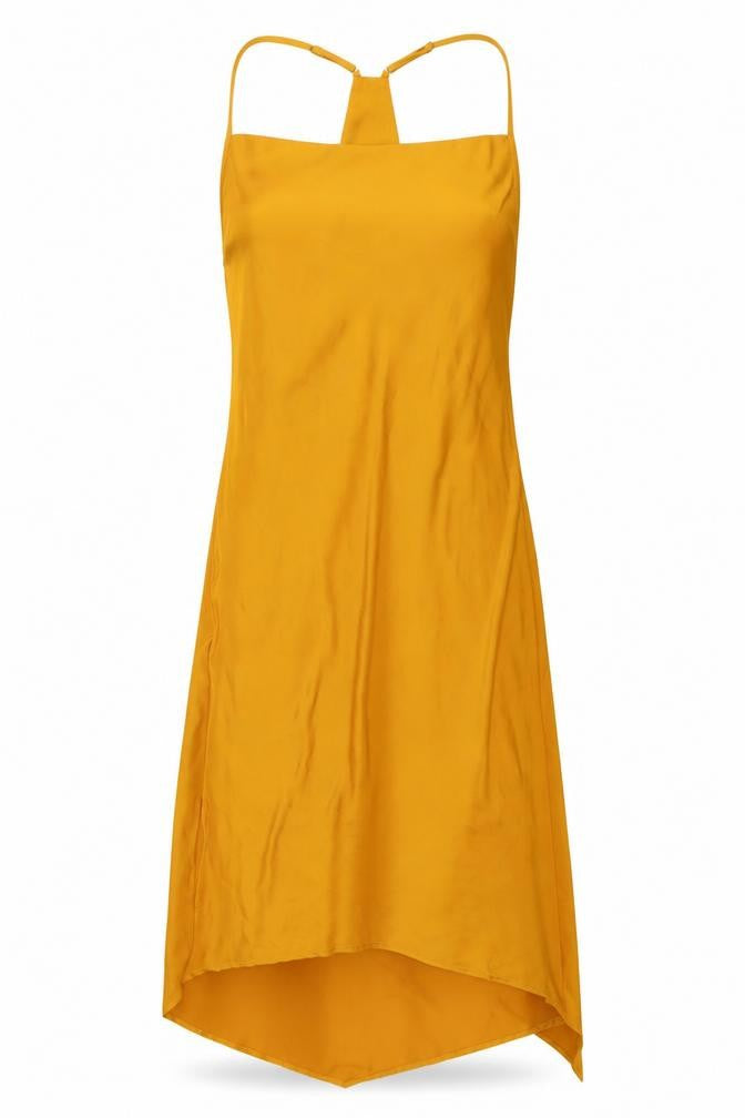 Front view of BCBGeneration Women's Yellow M Hi-Low Halter Slip Dress