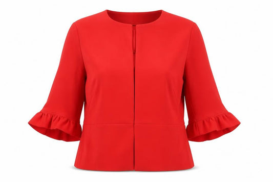 Front view of Zara Basic Women’s Red 3/4 Sleeve Ruffle Suit Top M Regular Fit