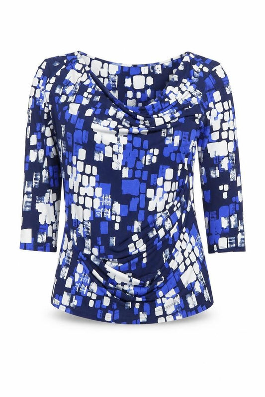 Front view of Jasper Conran Women's Blue Geometric Cowl Neck Blouse, size 12
