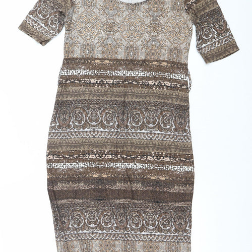 Wallis Women Brown Geometric Bodycon Dress Size 10 Knee Length
