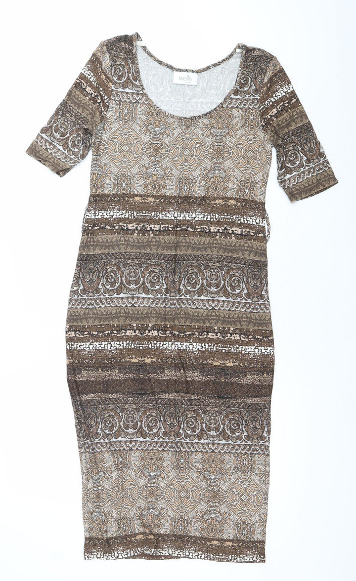 Wallis Women Brown Geometric Bodycon Dress Size 10 Knee Length