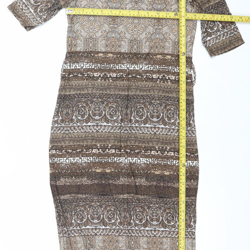 Wallis Women Brown Geometric Bodycon Dress Size 10 Knee Length